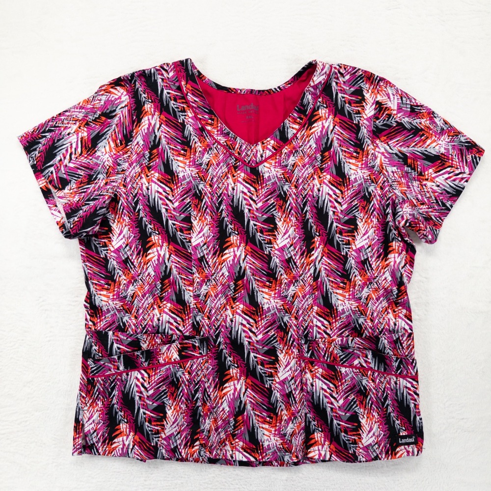 Landau Womens Scrub Top XXL Pink Black Tropical Palm Leaf V-Neck Medical 8110